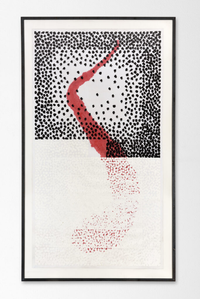 Eros Bonamini, Cronotopografie – Segni tracce in-per 1 2 3… secondi + flebo china rossa in 10 20 30… secondi ogni 10 centimetri, 1989 – Courtesy l’artista, Ph. M. A (1)
